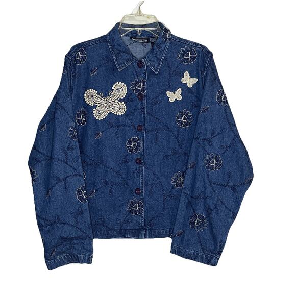 New Direction Denim Jacket Embroidered Floral Butterfly Appliqué Women XL‎ Funky - Picture 1 of 8